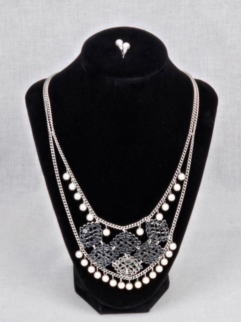 Jessica Simpson Silver & Pearl Necklace & Small Pearl Earrings